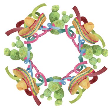 Cinco de Mayo için Meksika unsurlu yuvarlak çelenk çerçevesi. El yapımı kaktüs, yılan, sombrero suluboya klipsi. Kartlar, davetiyeler ve el ilanları için yuvarlak daire şeklinde dizayn et