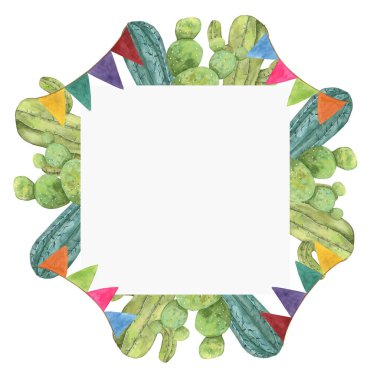 Kaktüs ve kağıt bayraklı kare şablon Cinco de Mayo. Elle çizilmiş renkli suluboya klipsi. Kartlar, davetiyeler ve el ilanları için geometrik biçimde tasarla