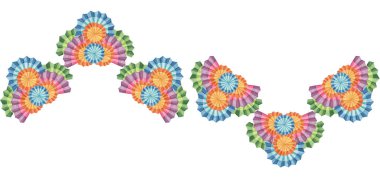 Kusursuz sınır mavisi ve turuncu fiesta çiçekleri. El yapımı suluboya, Cinco de Mayo dekorasyonu için Meksika kağıt hayranları. Pankartlar, kağıtlar, ambalajlar, kartlar, davetiyeler için kutlama tasarımı