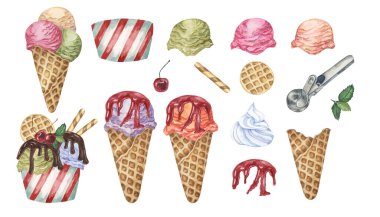 Dondurma tasarım elementleri çeşitli aromalar, kiraz, waffle konileri, wafer çubukları, krem şanti, nane yaprakları ve metal kepçeler, çikolata ve çilek efendim. Suluboya Clipart