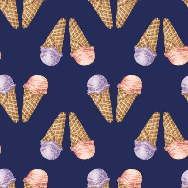 Ice cream scoops in the waffle cone seamless pattern. Lavender, ube, violet and sakura, rose or lychee flavors treat clipart. Dessert watercolor print for textile, wallpaper, napkin, cafe design, covers clipart