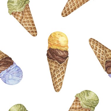 Renkli ve pürüzsüz dondurma. Sakız, çikolata, muz, limon, fıstık ya da kibrit aromalı retro tarzı. Baskı, tekstil, giysi, ambalaj kağıdı, yapıştırma kitabı için suluboya parçası