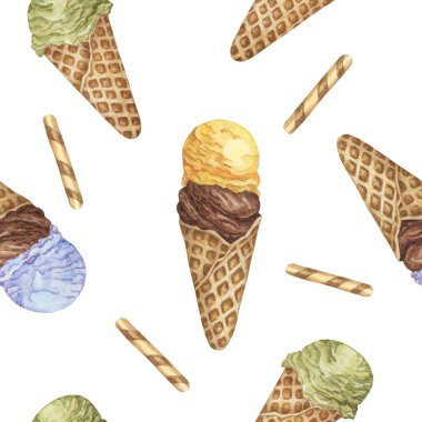 Renkli ve pürüzsüz dondurma. Sakız, çikolata, muz, limon, fıstık ya da kibrit aromalı retro tarzı. Baskı, tekstil, giysi, ambalaj kağıdı, yapıştırma kitabı için suluboya parçası