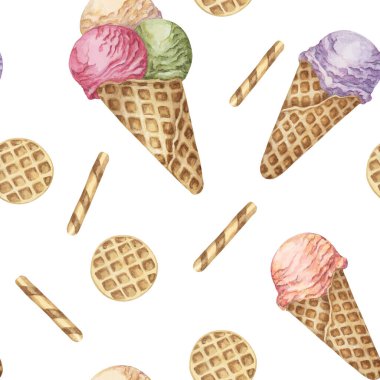 Tuhaf pastel renkte, pürüzsüz desenli dondurma. 1950 'lerin suluboya klipsi. Tekstil, ambalaj kağıdı, hatıra defteri, dondurma veya şerbet ambalajı için tatlı tasarımı