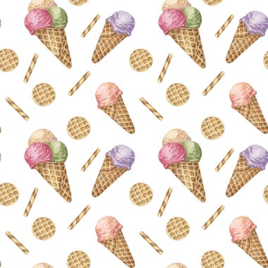 Tuhaf pastel renkte, pürüzsüz desenli dondurma. 1950 'lerin suluboya klipsi. Tekstil, ambalaj kağıdı, hatıra defteri, dondurma veya şerbet ambalajı için tatlı tasarımı