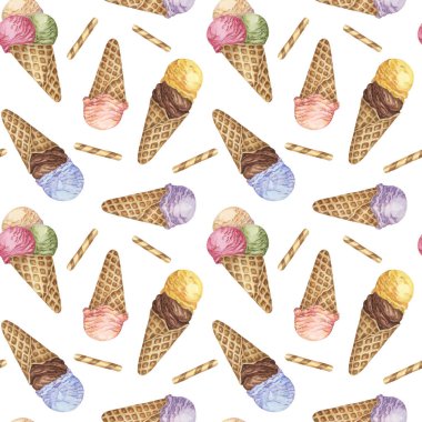 Dondurma külahları ve suluboya desenli waffle. Tekstil ürünleri, duvar kağıtları ve ambalajlar için renkli tatlı klipsi. Yaz dekorasyonu ve hatıra defteri için şeker temalı kumaş