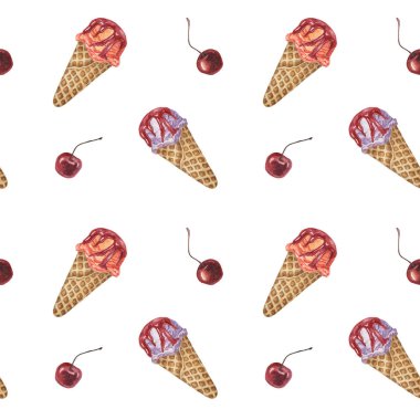 Dondurma külahları, waffle ve kirazlar suluboya desensiz. Tekstil, duvar kâğıdı ve ambalaj için el boyaması. Yaz dekorasyonu ve hatıra defteri için tatlı tatlı temalı kumaş