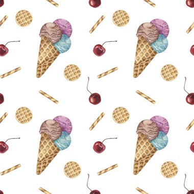 Dondurma külahları, waffle ve kirazlar suluboya desensiz. Tekstil, duvar kâğıdı ve ambalaj için el boyaması. Yaz dekorasyonu ve hatıra defteri için tatlı tatlı temalı kumaş