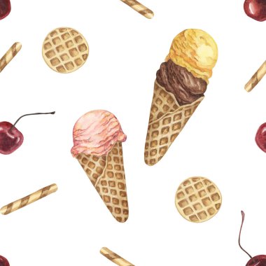 Dondurma külahları, waffle ve kirazlar suluboya desensiz. Tekstil, duvar kâğıdı ve ambalaj için el boyaması. Yaz dekorasyonu ve hatıra defteri için tatlı tatlı temalı kumaş