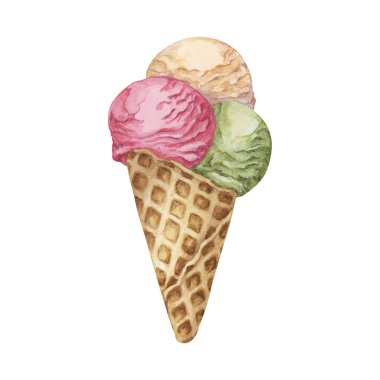 Vanilya, böğürtlen ve şam fıstığı ya da waffle külahında kibritli dondurma. Üç çeşit klitoris. Etiketler, menü, mutfak tasarımı, yaz fuarı için soğuk ikramların gerçekçi suluboya çizimi