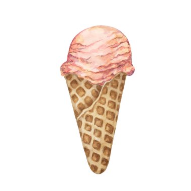 Pembe çilek, ahududu, sakura, liçi, gül ya da waffle külahında pembe limonatalı dondurma. Etiketler, menüler, mutfak tasarımı, yaz fuarı için soğuk ikramların suluboya çizimi