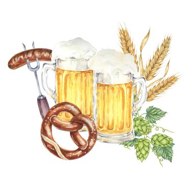 Oktoberfest suluboya kompozisyonu. Hafif bira, ızgara sosis, tuzlu kraker, arpa kulağı ve yeşil zıpzıp. Festival tasarımları için tırman, kart, bira fabrikası, broşür, bardak altlığı