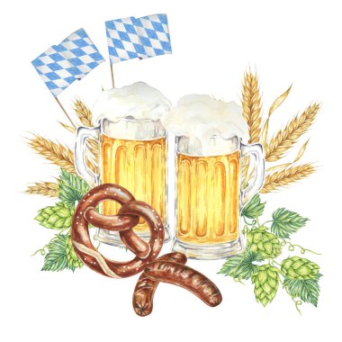 Oktoberfest suluboya kompozisyonu. Hafif biralı köpüklü kupa, ızgara sosis, tuzlu kraker, arpa, şerbetçiotu ve Bavyera bayrakları. Festival tasarımları için tırman, kart, bira fabrikası, broşür, bardak altlığı