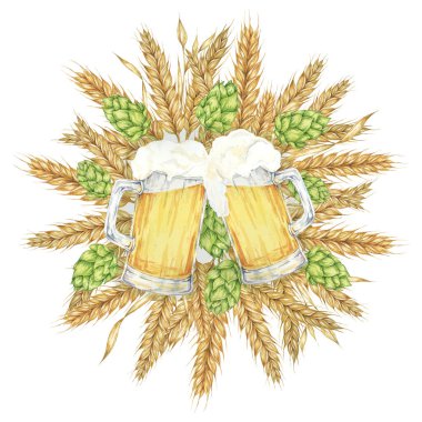 Hafif bira bardakları, arpa kulakları, buğday sapları ve yeşil zıplamalar. Şerefe ya da Ekim Festivali 'nin suluboya kompozisyonu. Festival tasarımları için tırman, kart, bira fabrikası, broşür, bardak altlığı