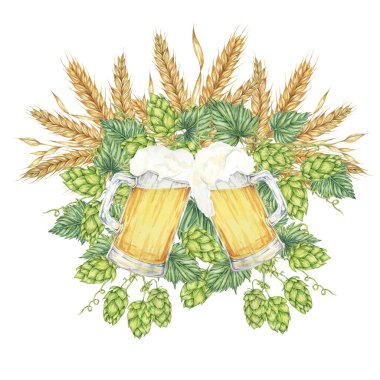 Arpa kulakları, buğday sapları ve yeşil şerbetçiotlarıyla çevrili hafif bira bardaklarıyla şerefe. Oktoberfest suluboya kompozisyonu. Festival tasarımları için tırman, kart, bira fabrikası, broşür, bardak altlığı