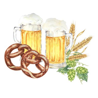 Oktoberfest suluboya kompozisyonu. Hafif biralı köpüklü kupalar, iki tuzlu kraker, arpa kulakları veya buğday ve zıpır. Festival tasarımları için tırman, kart, bira fabrikası, broşür, bardak altlığı