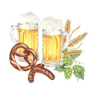 Oktoberfest suluboya kompozisyonu. Hafif bira, ızgara sosis, tuzlu kraker, arpa kulağı ve yeşil zıpzıp. Festival tasarımları için tırman, kart, bira fabrikası, broşür, bardak altlığı