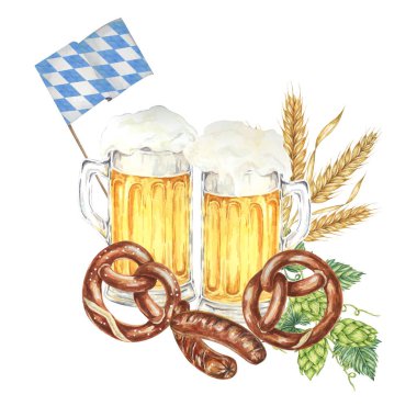 Oktoberfest suluboya kompozisyonu. Hafif biralı köpüklü kupa, ızgara sosis, tuzlu kraker, arpa, şerbetçiotu ve Bavyera bayrakları. Festival tasarımları için tırman, kart, bira fabrikası, broşür, bardak altlığı