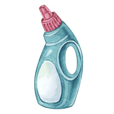 Yeşil plastik şişe, bulaşık deterjanı, tüm amaç ya da tuvalet temizleyicisi, yumuşatıcı. Sıvı kabı temizlemenin suluboya çizimi. Oda servisi, temizlik hizmetleri, çıkartma, broşür için tırman