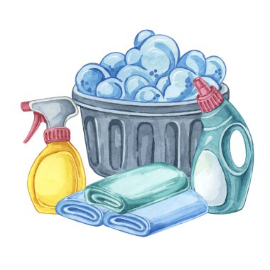 Çamaşır sepetini deterjanla, kumaş yumuşatıcısıyla, leke çıkarıcıyla ve katlanmış ketenle yıkamak. Suluboya resimlerini temizleyen kıyafetler. Çamaşırhaneye, temizlikçiye, temizlik malzemelerine tırman.