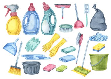 Temizlik aletleri clipart seti. Suluboya malzemeleri deterjan şişeleri, paçavralar, paspas, faraş, süpürge, lastik eldivenler, çöp torbası. Temizlik ve hademelik işleri için araçların çizimi