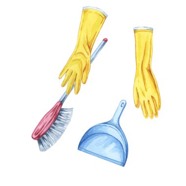 Sarı lastik eldivenli eller, temizleme fırçası ve faraş. Ev temizlik malzemelerinin suluboya çizimi. Ev bakımı, ev bakımı, temizlikçi ya da hizmetçi servisi, broşür