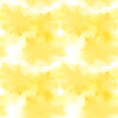 Soyut sarı lekeler, kusursuz desenler. Suluboya sürekli el boyaması arka plan. Enerjik, güneşli, yaz atmosferi için kumaş baskı tasarımı. Tekstil, kağıt, kırtasiye için arkaplan şablonu