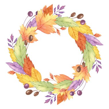 Sonbahar, suluboya çelenk bırakır. Renkli sarı, turuncu, kırmızı, mor yapraklar ve böğürtlenler. Sonbahar dekorasyonu için yuvarlak çerçeve tasarım ögesi, şükran günü, kartlar, hediye etiketleri, hatıra defteri