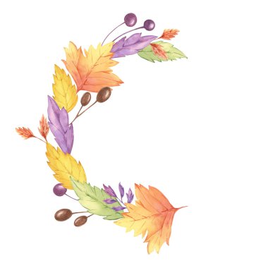 Sonbahar, suluboya çelenk bırakır. Renkli sarı, turuncu, kırmızı, mor yapraklar ve böğürtlenler. Sonbahar dekorasyonu için yuvarlak çerçeve tasarım ögesi, şükran günü, kartlar, hediye etiketleri, hatıra defteri