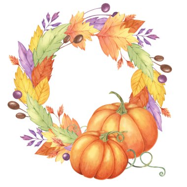 Sonbahar yaprakları ve portakal kabakları suluboya çelenk. Renkli sarı, turuncu, kırmızı, mor yapraklı ve kabaklı. Sonbahar dekorasyonu için yuvarlak çerçeve tasarım ögesi, şükran günü, kartlar, hediye etiketleri,