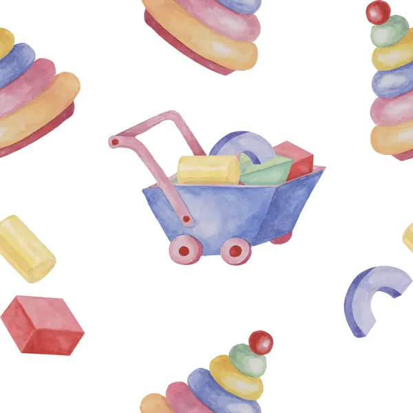 stock image Toy wheelbarrow, stacking rings tower and blocks. Retro cart and puzzle. Simple Baby seamless pattern. Textile print for kids clothes, children's nursery wallpaper, wrapping paper, scrapbooking