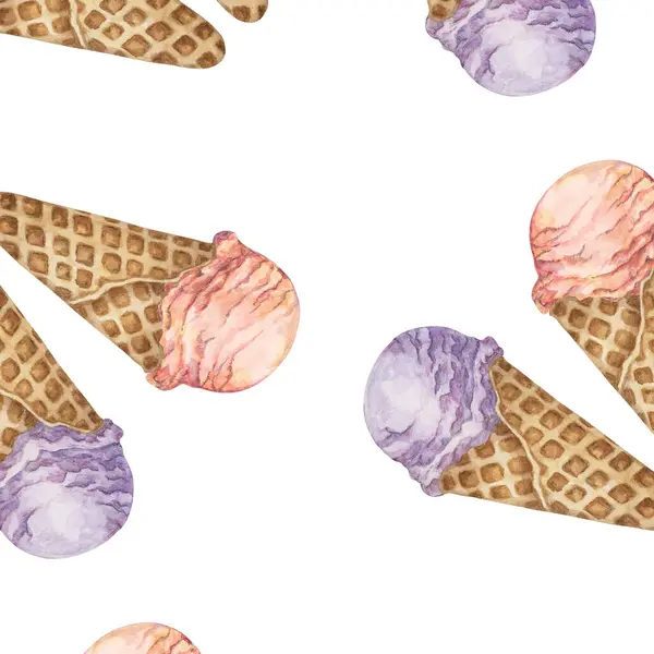 stock image Ice cream scoops in the waffle cone seamless pattern. Lavender, ube, violet and sakura, rose or lychee flavors treat clipart. Dessert watercolor print for textile, wallpaper, napkin, cafe design, covers