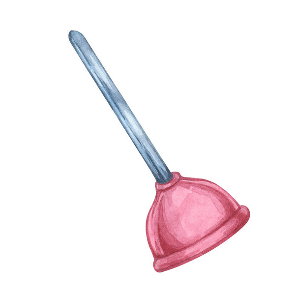 Plunger for unclogging of toilets and drains with handle and pink rubber suction cup. Household cleaning utensil watercolor illustration. Clipart for housekeeping services, sticker, flyer, and posters