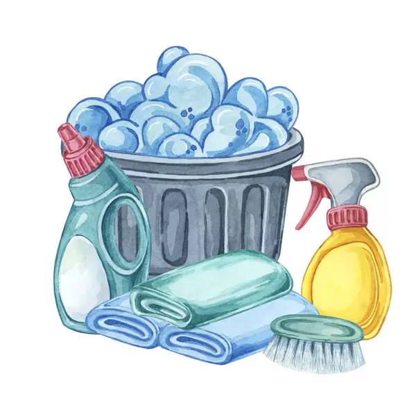 stock image Laundry washing bin with detergent, fabric softener, stain remover and folded linen. Clothes cleaning watercolor illustration. Clipart for laundromats, maid service, housekeeping supplies packaging