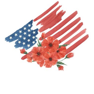 Memorial Day clipart. US flag, red poppy flower, forget-me-not, scorpion grasses . Patriotic hand drawn watercolor home of the brave card, remember and honor banner, commemorative events, flyer, sale clipart