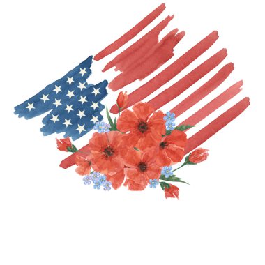 Anma Günü klibi. Amerikan bayrağı, kırmızı haşhaş çiçeği, unutma beni, akrep otları. Vatansever el, cesur kartın suluboya evini çizdi. Hatıra pankartı, anma etkinlikleri, el ilanları, satış.