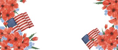 Anma Günü afişi. Amerikan bayrağı, kırmızı haşhaş çiçeği, kapalıyız. Cesur kartın el yapımı suluboya evi, unutmayın ve onurlandırın afişi, web duyurusu, anma etkinliği, el ilanı, satış