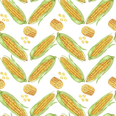 Sarı mısır ve tohumlar kusursuz desen, sonbahar tekstili, altın koçanlı arka plan. Elbiseler, duvar kağıtları, ambalaj kağıtları, hatıra defterleri, yemek paketleri, Şükran Günü için suluboya tatlı mısır botanik baskı tasarımı