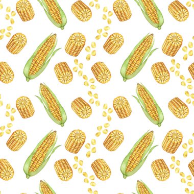 Sarı mısır ve tohumlar kusursuz desen, sonbahar tekstili, altın koçanlı arka plan. Elbiseler, duvar kağıtları, ambalaj kağıtları, hatıra defterleri, yemek paketleri, Şükran Günü için suluboya tatlı mısır botanik baskı tasarımı