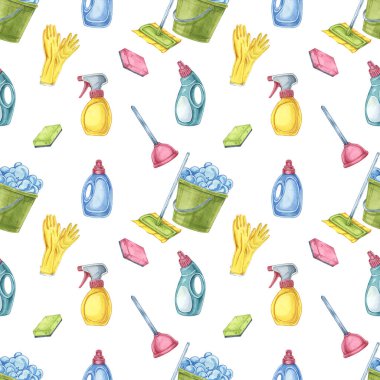 Kova, eldiven, deterjan ve paspas gibi temizlik malzemelerini içeren temizleme aletleri. Ev saatleri, defter kapakları veya ambalaj için suluboya Clipart