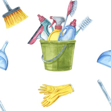 Fırça, sprey, eldiven ve faraş dolu kovalarla dolu kusursuz temizlik aletleri. Temizlik malzemeleri, evde bakım blogları veya tanıtım materyalleri oluşturmak için suluboya Clipart