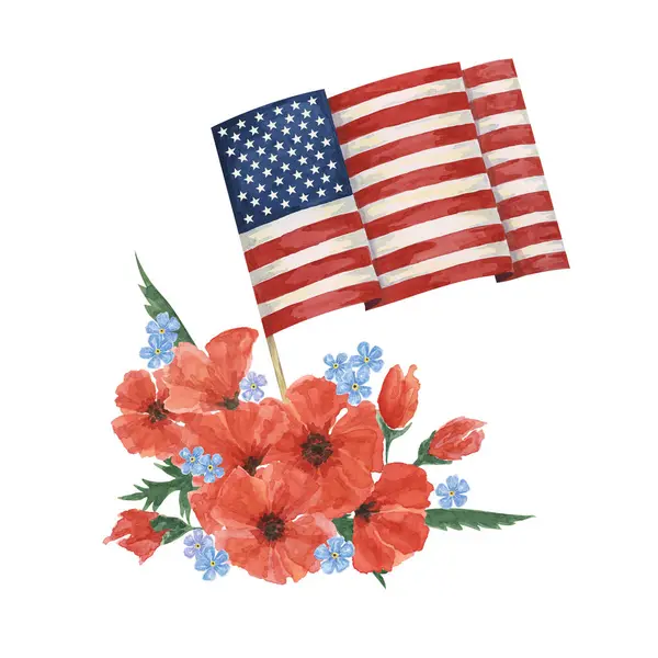 stock image Memorial Day clipart. US flag, red poppy flower, forget-me-nots. Patriotic hand drawn watercolor home of the brave card, remember and honor banner, commemorative events, veteran salute flyer, sale