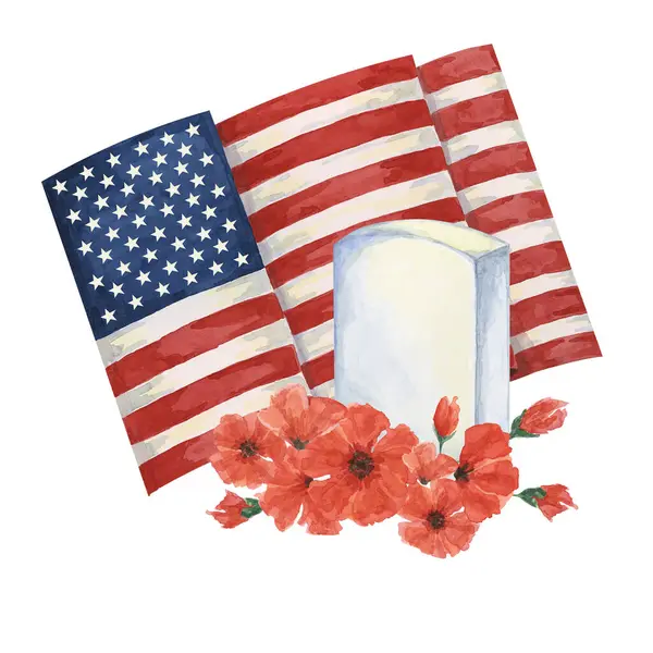 stock image Memorial Day clipart. US flag, red poppy flower, soldiers grave, forget-me-not . Patriotic hand drawn watercolor home of the brave card, remember and honor banner, commemorative events, flyer, sale