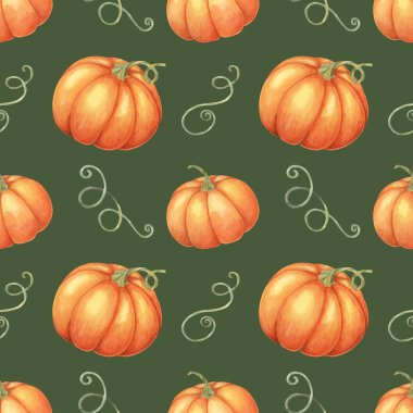 Turuncu balkabakları ve yeşil sarmaşıklar. Ev dekorunda kullanmak için suluboya deseni, etkinlik davetleri, temalı ürünler ve mevsimlik sofra takımı.