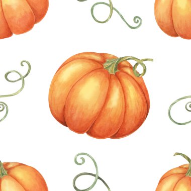 Yeşil kıvırcık sarmaşıklı turuncu balkabakları. Suluboya deseni sonbahar temalı ambalaj kağıdı, kumaş tasarımı, parti davetiyeleri ve mevsimlik dekorasyonlar için mükemmel..