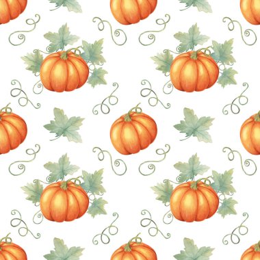 Yeşil yapraklı ve sarmaşıklı turuncu balkabakları kopar. Suluboya deseni sonbahar temalı ambalaj kağıdı, kumaş tasarımı, parti davetiyeleri ve mevsimlik dekorasyonlar için mükemmel..