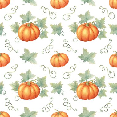 Yeşil yapraklı ve sarmaşıklı turuncu balkabakları kopar. Suluboya deseni sonbahar temalı ambalaj kağıdı, kumaş tasarımı, parti davetiyeleri ve mevsimlik dekorasyonlar için mükemmel..