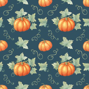 Yeşil yapraklı canlı turuncu balkabakları. Suluboya desenleri tekstil tasarımları, hediye paketleri, parti malzemeleri ve sonbahardan esinlenilmiş kırtasiye malzemeleri için harika.