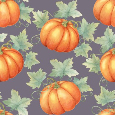 Orange pumpkins and green leaves backdrop clipart. Watercolor seamless pattern for use in home decor, event invitations, themed merchandise, and seasonal tableware. clipart