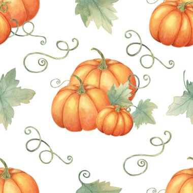 Turuncu kabaklar ve yeşil yapraklarla suluboya desenli. Sonbahar etkinlik davetiyeleri, ev tekstil ürünleri, ambalaj kağıdı ve çevre dostu ambalaj tasarımları için el çizimi arkaplan.